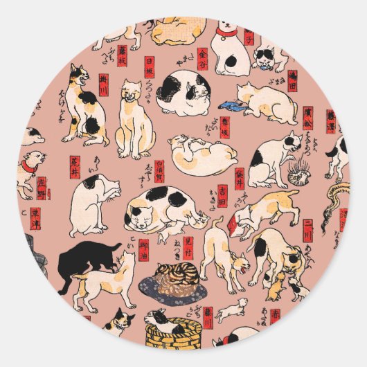 Sticker Rond chats japonais Ukiyo-e Funny kitty (Devant)