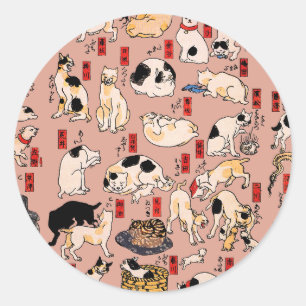 Sticker Rond chats japonais Ukiyo-e Funny kitty