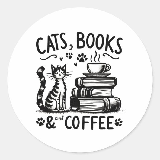 Sticker Rond Chats, livres et café (Devant)