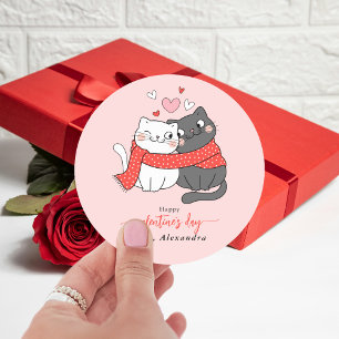 Sticker Rond Chats Mignons Amoureux Saint-Valentin Rose Pâle