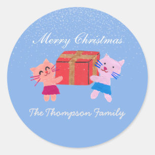 Sticker Rond Chats mignons avec boîte cadeau bleu Noël