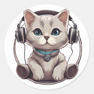 Sticker Rond chats mignons et drôles écoutant de la musique