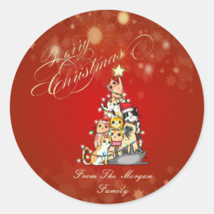 Sticker Rond Chats mignons Pine Tree Noël rouge