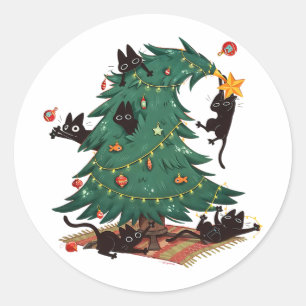 Sticker Rond Chats noirs décorant l'arbre de Noël amateur de ch
