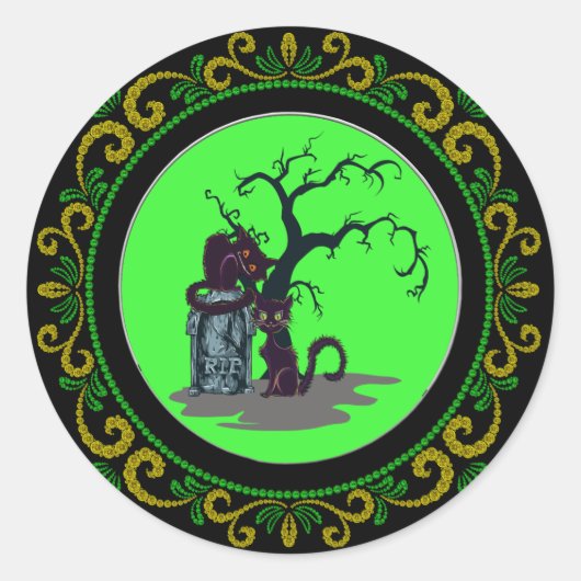 Sticker Rond Chats noirs jaunes et verts Halloween Tombstone Tr (Devant)
