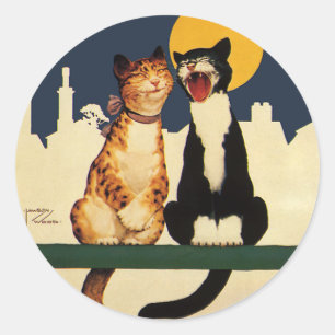 Sticker Rond Chats vintages chantant, Animaux amusants et stupi