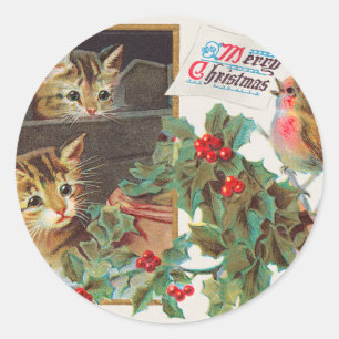 Sticker Rond Chats vintages et Joyeux Noël d'oiseaux