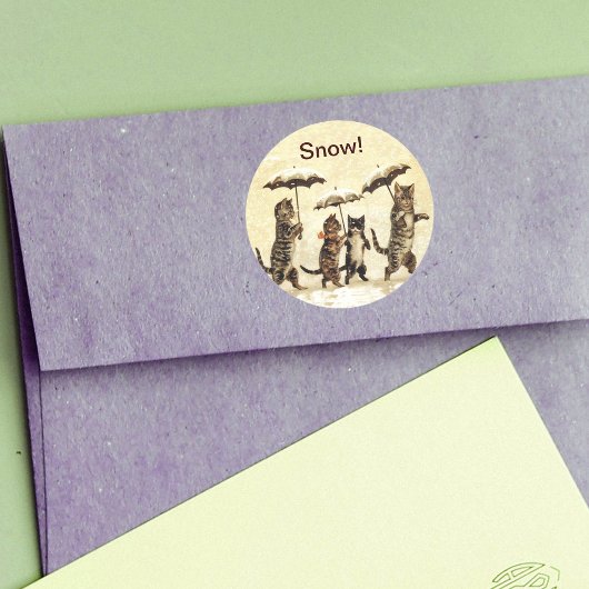 Sticker Rond Chats vintages Parapluies Neige