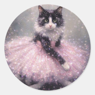 Sticker Rond Chatte Ballerine Étincelante en Tutu Rose