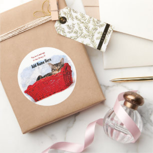 Sticker Rond Chatte-Dormir Dans Panier Rouge Lumineux Personnal