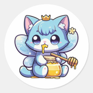 Sticker Rond Chatte fée mignonne mangeant du miel cru