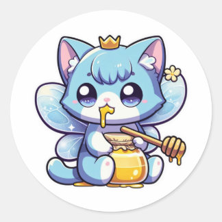 Sticker Rond Chatte fée mignonne mangeant du miel cru
