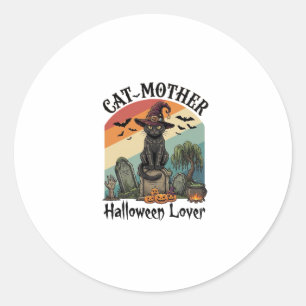 Sticker Rond Chatte Mère Amoureuse d'Halloween Chapeau de Sorci