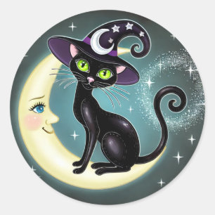 Sticker Rond Chatte sorcière sur croissant de lune Halloween Wi
