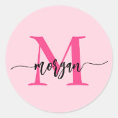 Sticker Rond Chaud rose moderne Script Girl Monogramme Nom (Devant)