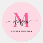 Sticker Rond Chaud rose moderne Script Girl Monogramme Nom (Devant)