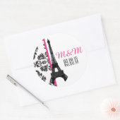 Sticker Rond Chaud rose monogramme Damask Tour Eiffel Mariage (Enveloppe)