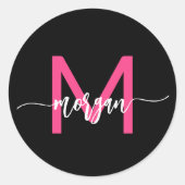 Sticker Rond Chaud rose noir moderne Script Girl Monogramme Nom (Devant)