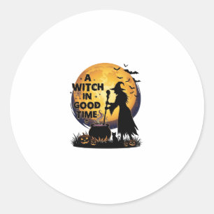Sticker Rond Chaudron de lune d'Halloween de bonne sorcière_1