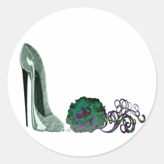 Sticker Rond Chaussure de stiletto vert et art rose (Devant)