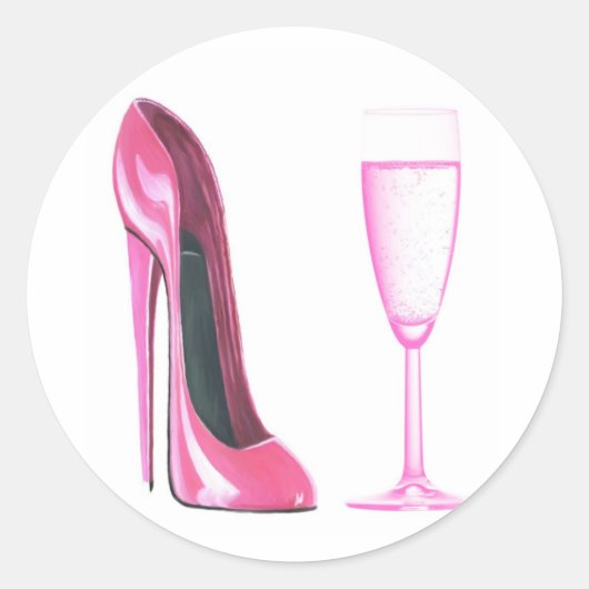 Sticker Rond Chaussure Stiletto Rose et verre Champagne (Devant)