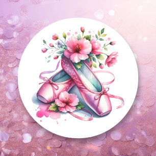 Sticker Rond Chaussures et fleurs en Ballet Rose