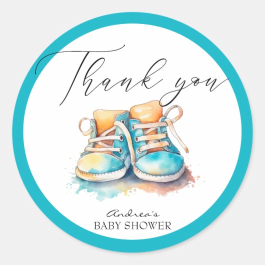 Sticker Rond Chaussures pour bébés | Blue Boy Baby shower Merci (Devant)