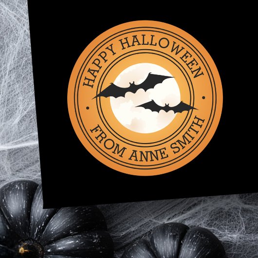 Sticker Rond Chauves-souris et lune Joyeux Halloween nom person