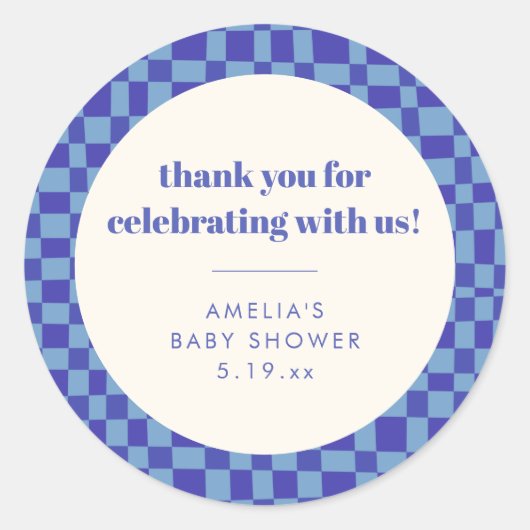 Sticker Rond Checkerboard Blue Custom Baby Shower Thank You (Devant)