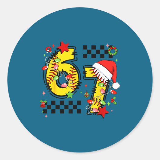 Sticker Rond Checkered 67 Softball Santa Hat Christmas Six Seve (Devant)