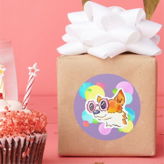 Sticker Rond Cheddar Le Corgi Avec Lunettes De Soleil (Fête)
