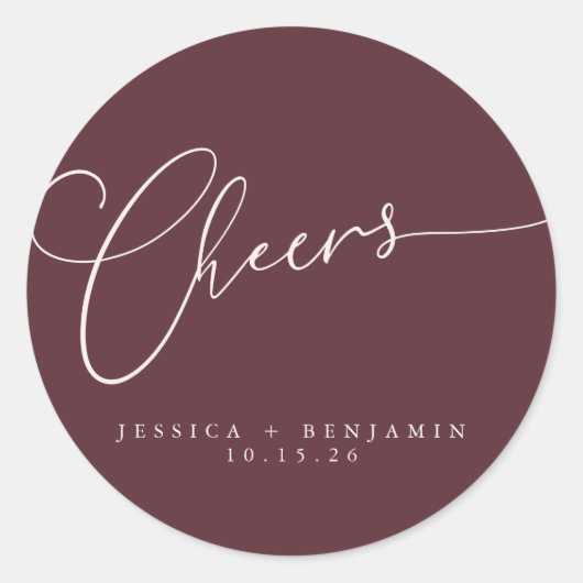 Sticker Rond Cheers Minimal Burgundy Script personnalisé mariag (Devant)