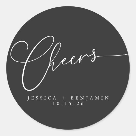 Sticker Rond Cheers minimal noir élégant script mariage personn (Devant)