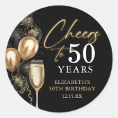 Sticker Rond Cheers To 50 Years Black and Gold Balloons (Devant)