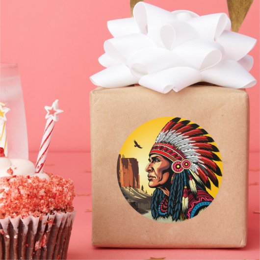 Sticker Rond Chef amérindien sur paysage sauvage coucher de sol (Fête)