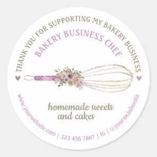Sticker Rond Chef Pâtissier Paillettes Fouet Fleur Merci