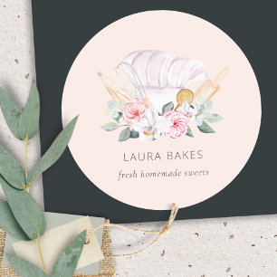 Sticker Rond Chef rose pâle Casquette Restauration Floral Rolle