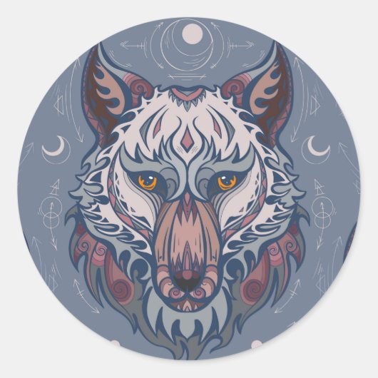 Sticker Rond Chefs de loups avec décoration de boho (Devant)