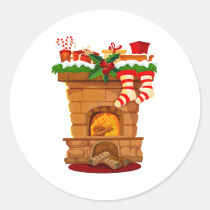 Sticker Rond Cheminée de Noël avec Décorations et Bas