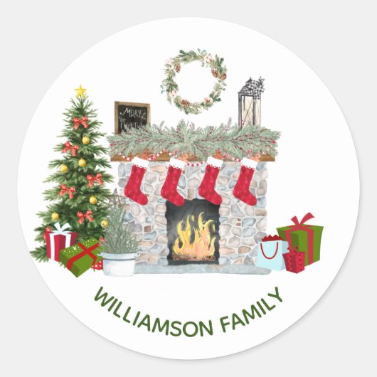 Sticker Rond Cheminée de Noël joyeux Nom de famille (Devant)