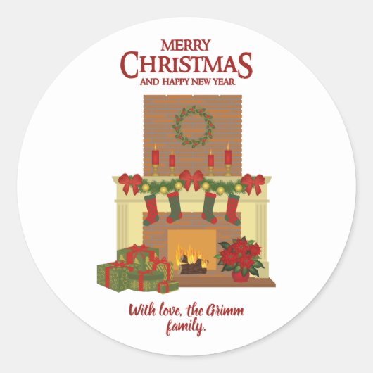 Sticker Rond Cheminée de Noël Rouge Blanc (Devant)
