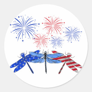 Sticker Rond Chemise à drapeau américain à trois libellules 4 j