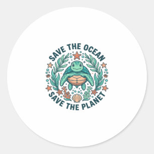 Sticker Rond Chemise de gravure vintage de tortue de mer sauvez