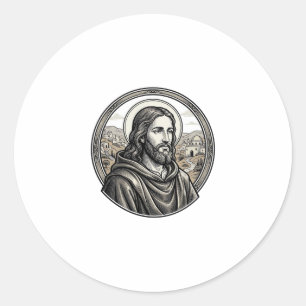 Sticker Rond Chemise de portrait religieux gravée vintage