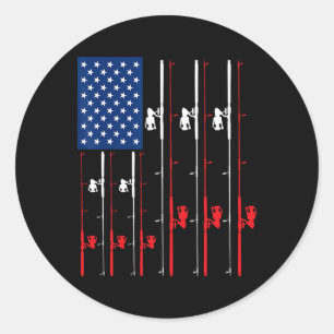 Sticker Rond Chemise Drapeau États-Unis Canne à Pêche Cadeau de
