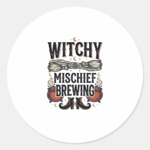 Sticker Rond Chemise sorcière Halloween avec balai et chaudrons