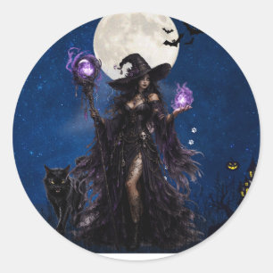 Sticker Rond Chemise T-shirt de la Lune d'Halloween de Sorcière