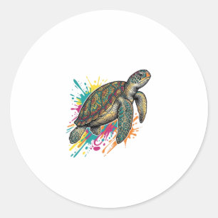 Sticker Rond Chemise Vintage Gravure Tortue de mer Couleur Spla