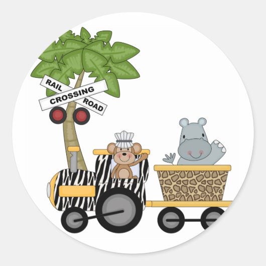 Sticker Rond Chemises et cadeaux de train singe et hippo (Devant)