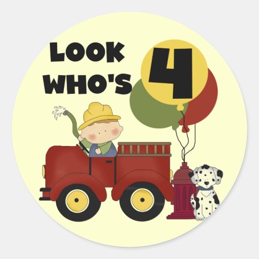 Sticker Rond Chemises et cadeaux Fireman 4ème anniversaire (Devant)